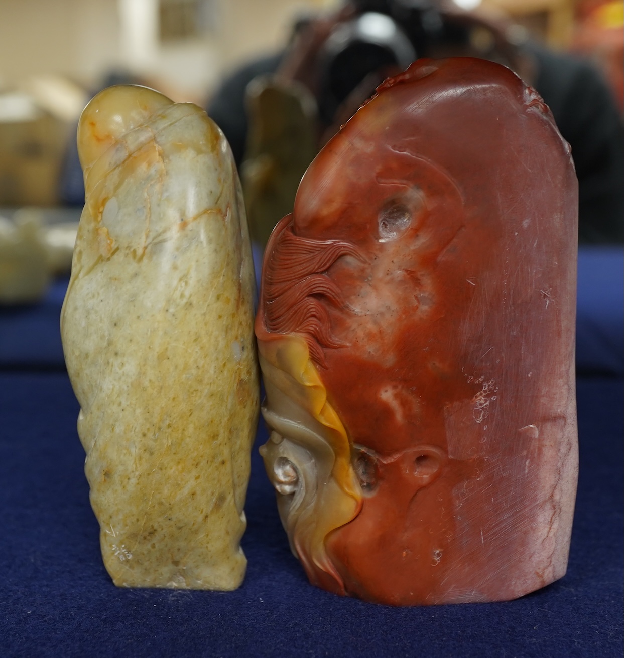 A Chinese white jade 'boys with jar' carving and three shoushan stone figures; luohan, girl with squirrel and mermaid (4), tallest 11cm